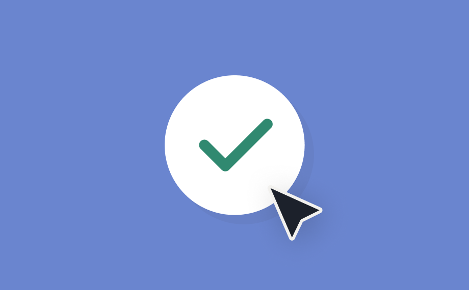 A green checkmark inside a white circle on a blue background, with a black cursor arrow pointing at the circle, represents a click-to-accept action.