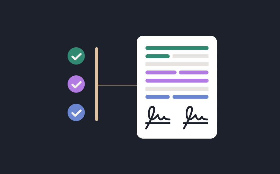 An illustration of a checklist with three colored checkmarks connected to a document with text lines and two signatures on a dark background, highlighting contract compliance.