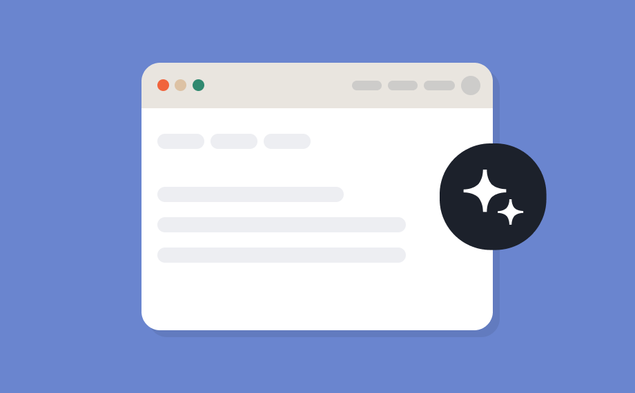 An illustration of a web browser window with three buttons at the top left and a black circle with two white sparkles on the right, set against a blue background, representing using AI in first year as lawyer.