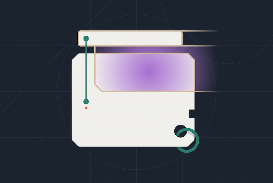 Abstract digital illustration featuring geometric shapes: a white rounded rectangle with a green circular element—symbolizing the ability to amend contracts—a purple gradient overlay, and thin lines with red and green dots on a dark grid background.
