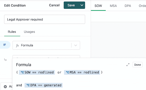 A screenshot of a workflow automation platform shows a conditional rule being edited. The formula checks if SOW or MSA is redlined and if DPA is generated. A “Save” button is at the top.