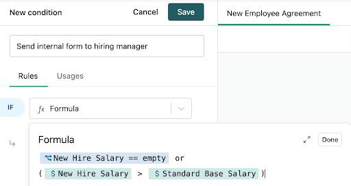 A software interface shows a rule setup for a New Employee Agreement. The formula checks if New Hire Salary is empty or greater than Standard Base Salary. Options to save or cancel are visible at the top.