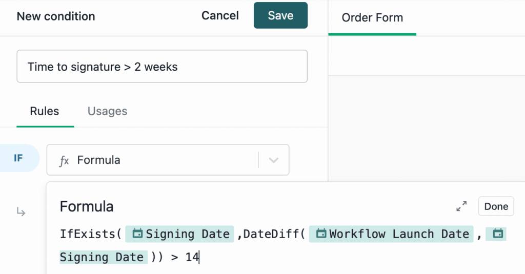 A screenshot of a form-building interface showing a condition named Time to signature > 2 weeks. A formula calculates if the date difference between Workflow Launch Date and Signing Date is greater than 14 days.