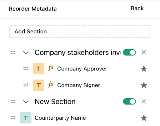 A user interface for reordering metadata sections, showing options to add and toggle sections like Company stakeholders involved and New Section, each with editable items and star markers.