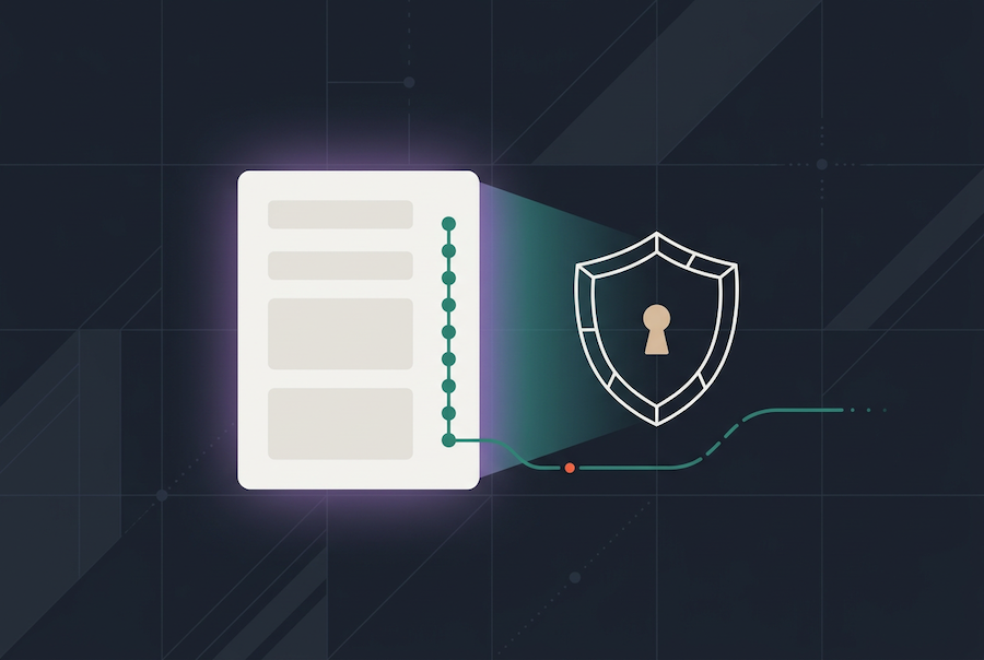 A glowing document icon connects by a dotted line to a shield with a keyhole, symbolizing contract audit logs and data protection or cybersecurity, on a dark abstract background.