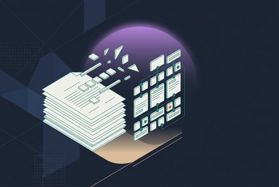 Illustrated stack of paper documents transforming into organized digital files and folders, symbolizing digitalization, contract intelligence, and data organization, set against a dark background with geometric shapes and a purple circle.