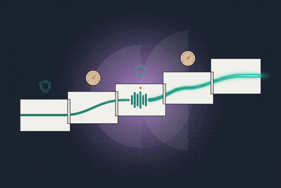 A stylized digital diagram illustrates a green line passing through five white rectangles, representing the contract process KPI, with shields and clocks above some rectangles and a central waveform symbol on a dark, purple gradient background.