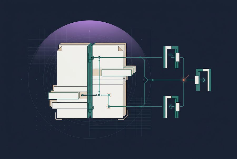 Stylized illustration of digital files and draft contracts connected to branching circuits, symbolizing data transfer or processing, on a dark background with a purple gradient sphere behind the files.