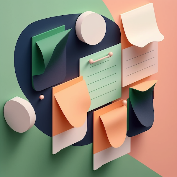A colorful abstract illustration of sticky notes and paper sheets pinned to a board, with pastel green, peach, and navy elements on a split background of green and peach tones.