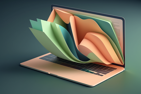 A laptop with colorful, wavy paper-like shapes emerging from its screen, symbolizing digital creativity and data visualization. The shapes are green, teal, and peach, contrasting with the neutral laptop and background.