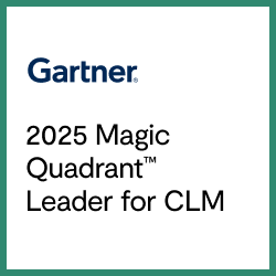 A white square with a green border displays the Gartner logo and the text: 2025 Magic Quadrant™ Leader for CLM, highlighting Ironclad’s industry-leading achievements.