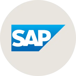 The image shows the SAP logo, featuring the white letters SAP on a blue, right-slanted rectangular background inside a beige circle, symbolizing efficient sap integration within modern business solutions.