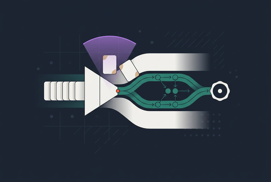 A stylized diagram with geometric shapes shows a funnel directing objects into a split path circuit, symbolizing data processing or decision-making, on a dark background with grid lines and abstract elements.