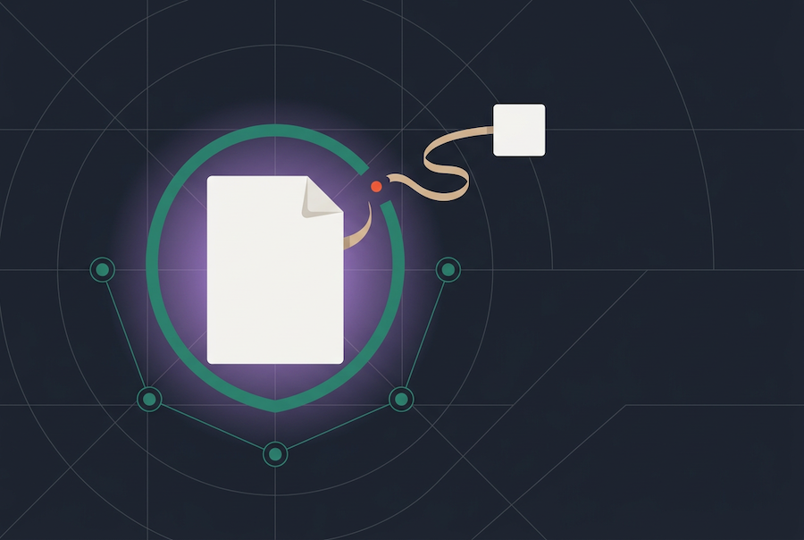A white sheet of paper icon, symbolizing procurement contract risk, sits inside a glowing circle connected by a winding line to a small square on a dark geometric background with circular grid lines and connecting nodes.