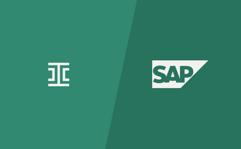 A split green background with a geometric white logo on the left and the white SAP logo in a slanted rectangle on the right.