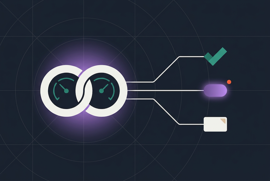 Abstract illustration of an infinity loop with gauges inside, symbolizing SLA obligations, connected to lines leading to a checkmark, a purple oval, a red dot, and a white rectangle on a dark grid background.