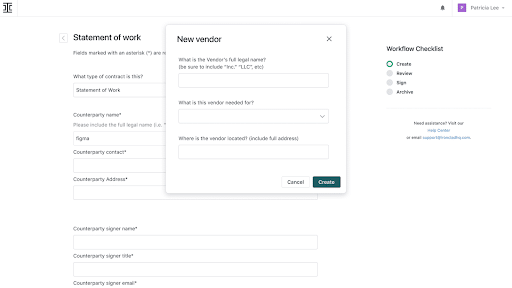 A web form titled Statement of work with fields for contract details and counterparty information. A pop-up labeled New vendor asks for the vendors legal name, needed function, and location. A workflow checklist is on the right.