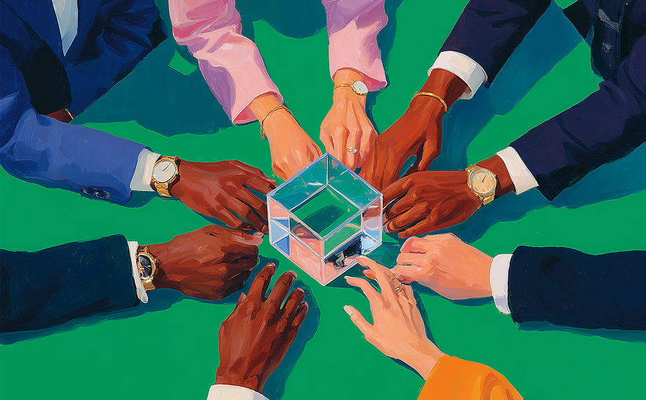 Eight hands of diverse skin tones and clothing reach towards a transparent cube on a green table, suggesting collaboration or teamwork. Reflecting spend management best practices, each person wears a wristwatch, emphasizing professionalism and unity.