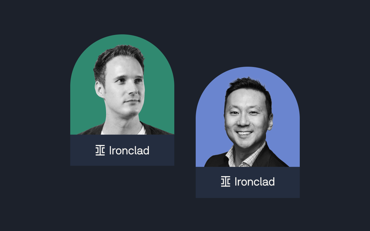 Two men in black-and-white portraits are shown side by side on a dark background; the left has a green arch and the right a blue arch, both labeled Ironclad with the company’s logo beneath—exploring how 1Password transforms legal workflows.