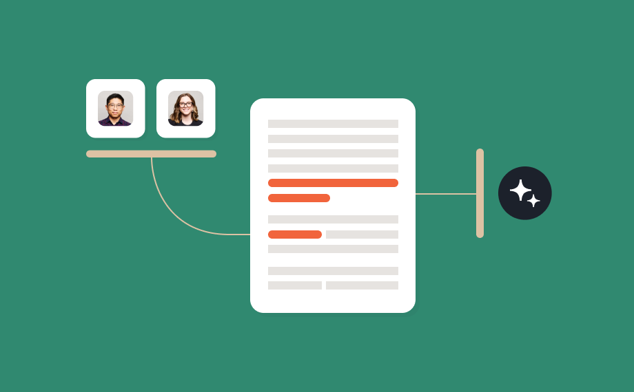 Illustration of two profile photos connected to a document with highlighted text, leading to a sparkle icon—symbolizing collaboration or editing improvements along your procurement career journey. The background is green.