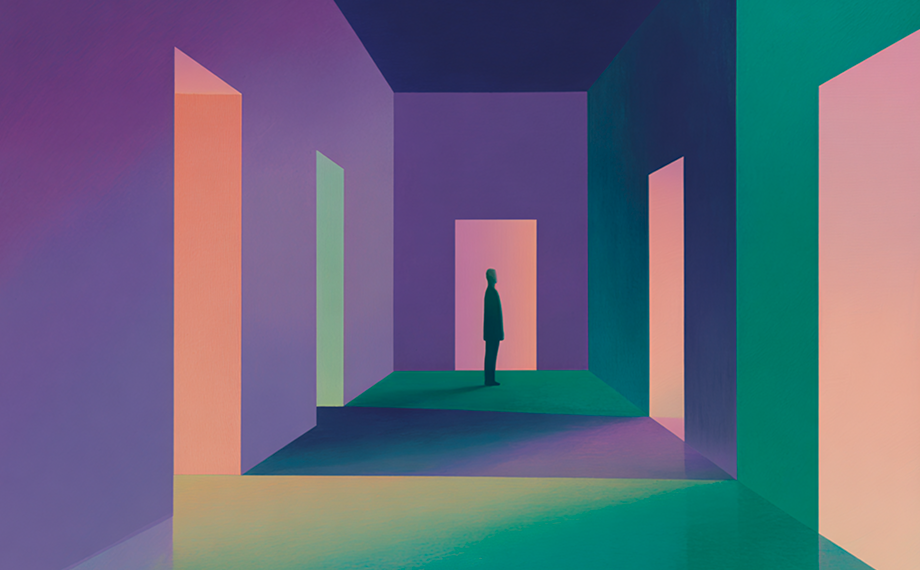 A lone person stands in a geometric hallway with open doorways, surreal colorful lighting casting shades of purple, pink, teal, and green—mirroring the dreamlike uncertainty of a procurement career journey.