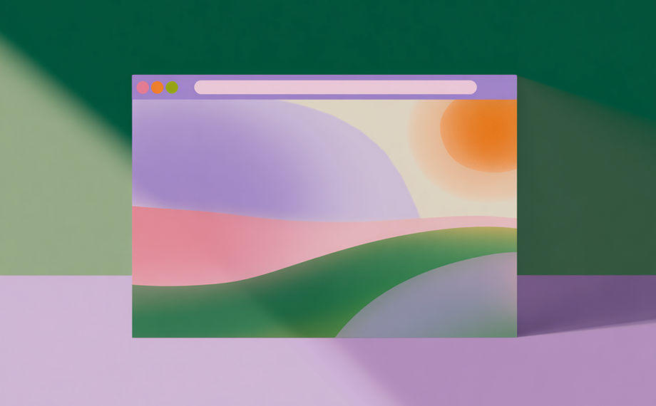A stylized browser window displays an abstract landscape with pastel hills in green, pink, and purple, referencing the build vs. buy CLM decision. An orange sun shines above green and lavender surfaces with dramatic shadows.