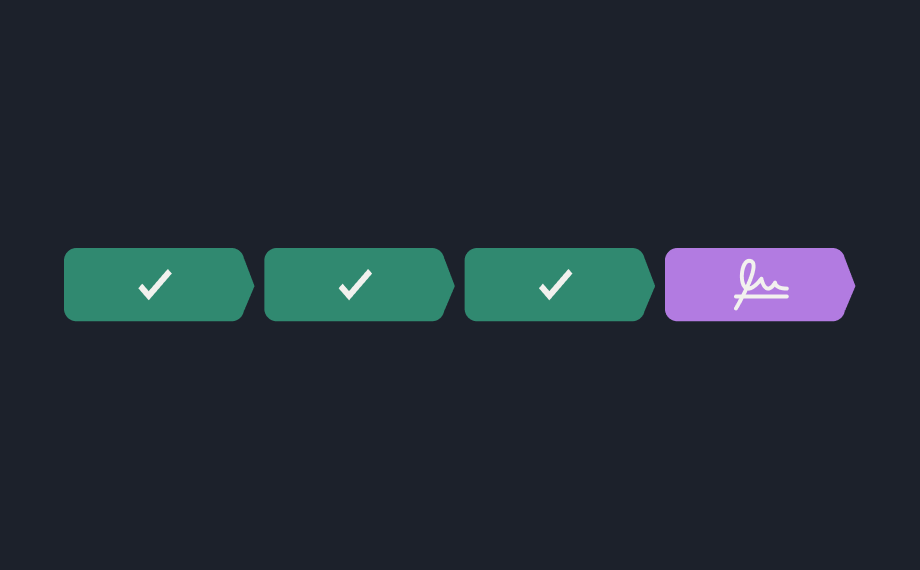 A four-step progress bar illustrates the procurement career journey, with three green check-mark steps followed by a purple step featuring a signature icon, indicating the final signing stage.