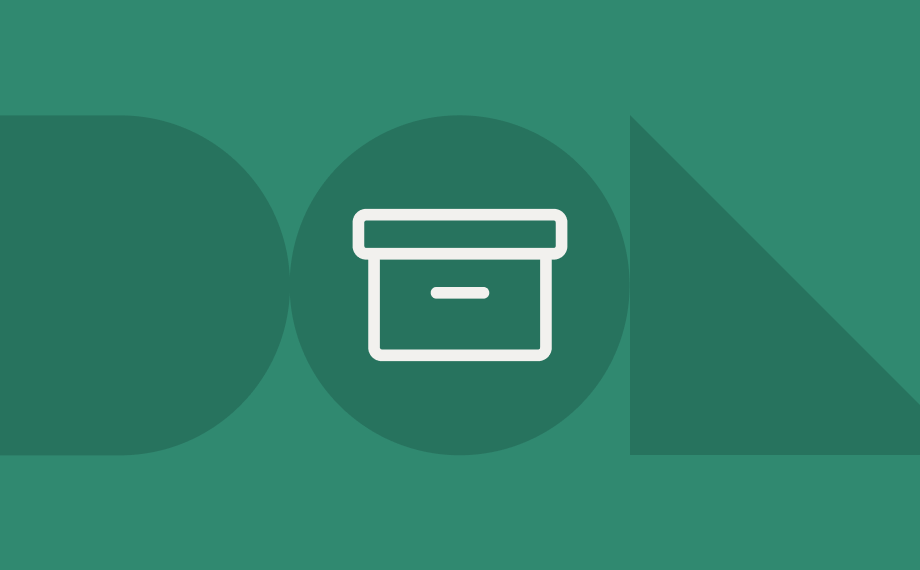 White outline of a storage box centered on a green background with geometric shapes: a large circle flanked by a half-circle on the left and a triangle on the right—an image that evokes how you can accelerate contract archiving with archive agent.