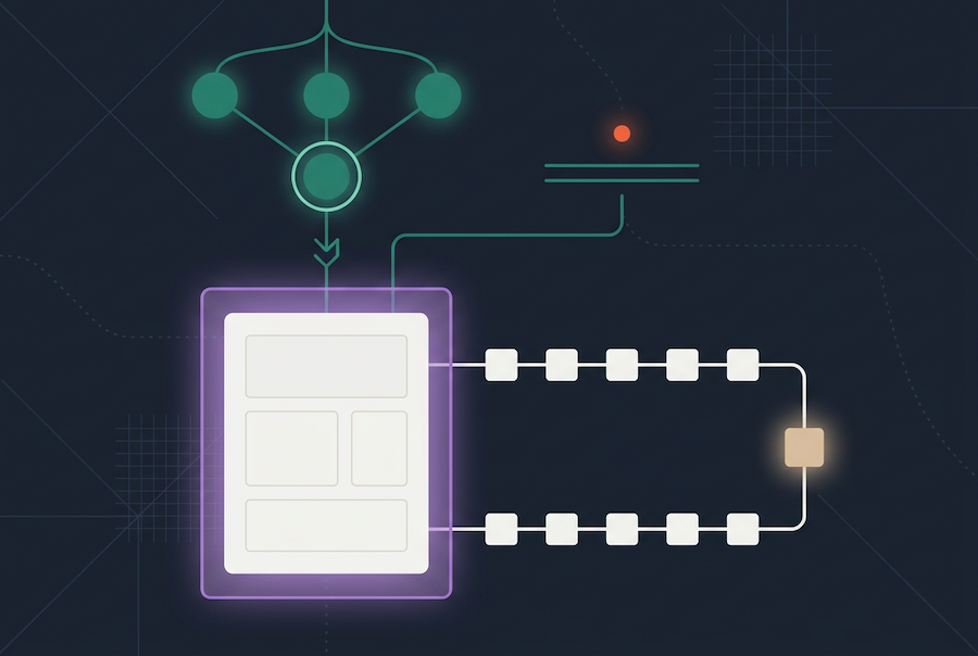 Abstract illustration of a neural network flowchart with interconnected nodes and blocks, depicted with glowing lines on a dark background, representing AI or machine learning processes and highlighting the importance of AI accountability.