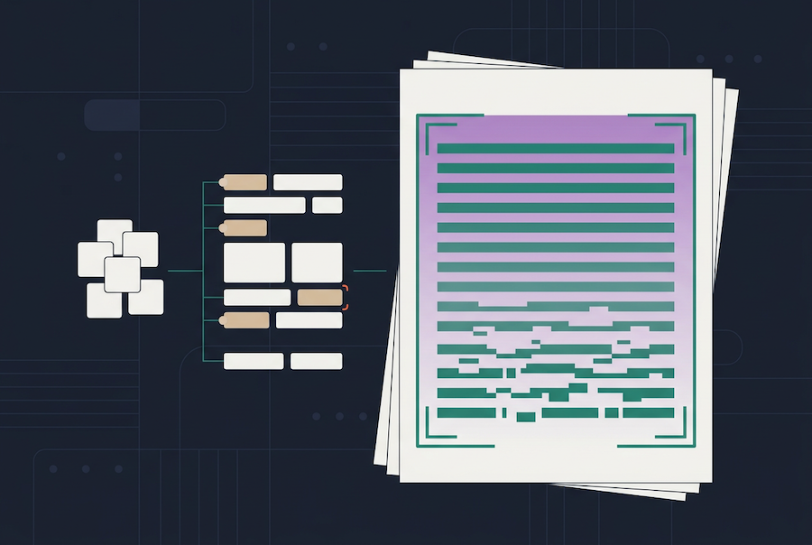 A digital illustration showing a flowchart on the left connecting to stacks of documents on the right, symbolizing contract OCR data or information processing and transformation into organized reports.
