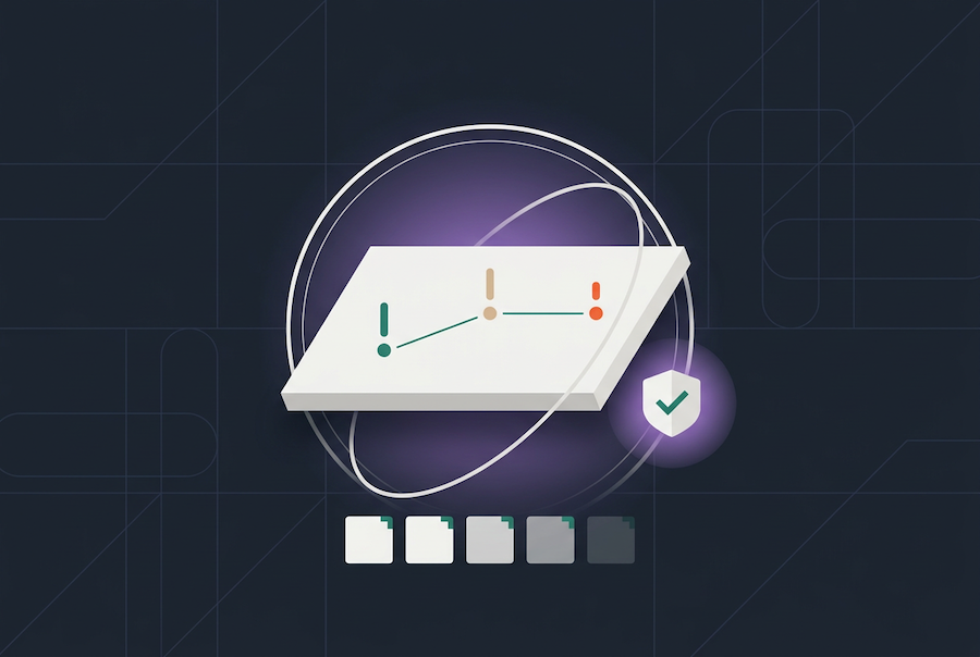 A stylized illustration of a whiteboard showing a line graph with colored points and exclamation marks, highlighting contract performance reports, surrounded by glowing lines and a checkmark, on a dark geometric background with folder icons below.