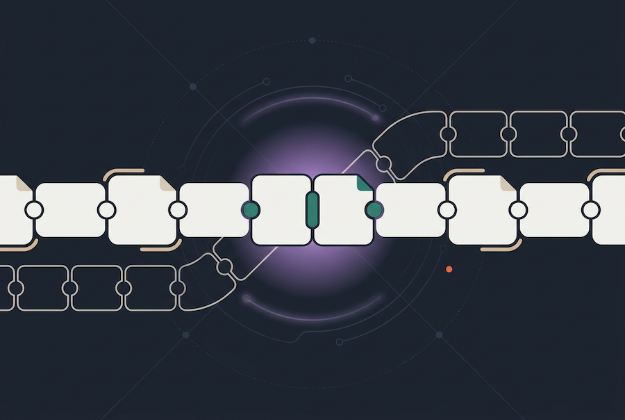 A stylized blockchain diagram showing interconnected digital blocks on a dark background with a glowing purple circle in the center and circuit-like lines surrounding the chain.