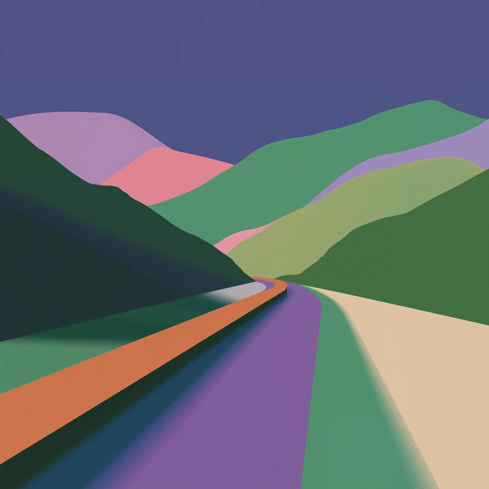 Abstract illustration of a winding road leading into colorful hills and mountains, with shades of green, purple, pink, and orange under a dark blue sky. The style is minimalist and geometric.