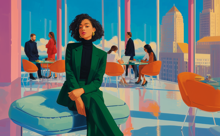 A woman in a green suit sits confidently on a lounge seat in a modern, brightly lit office with large windows, while groups of people discuss procurement AI effective use cases in the background against a city skyline.