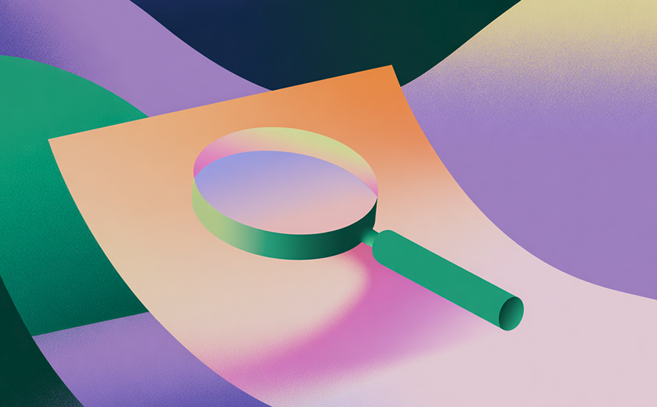 A green magnifying glass lies on a multicolored, softly shaded surface with abstract shapes in purple, orange, green, and yellow tones—an image evoking the clarity and insight that procurement AI brings to identifying effective use cases.