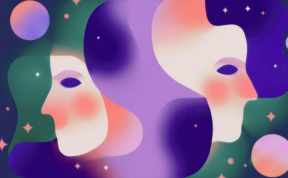 Two abstract, pastel-colored faces in profile face opposite directions, surrounded by purple shapes, stars, and circles on a green background, creating a dreamy, cosmic atmosphere that subtly hints at the complexity of legal AI error accountability.