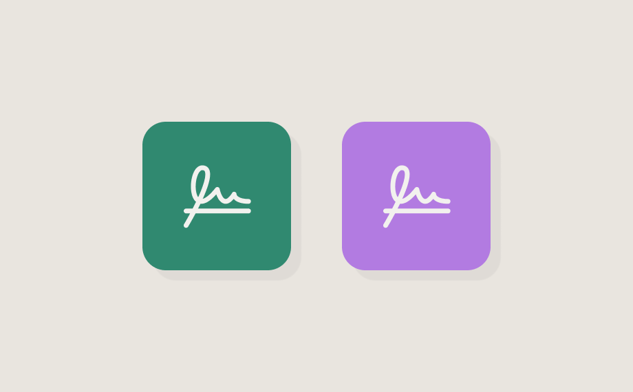 Two square icons, one green and one purple, each featuring a white squiggly signature-like line reminiscent of a contractual agreement in the center, set against a light background.