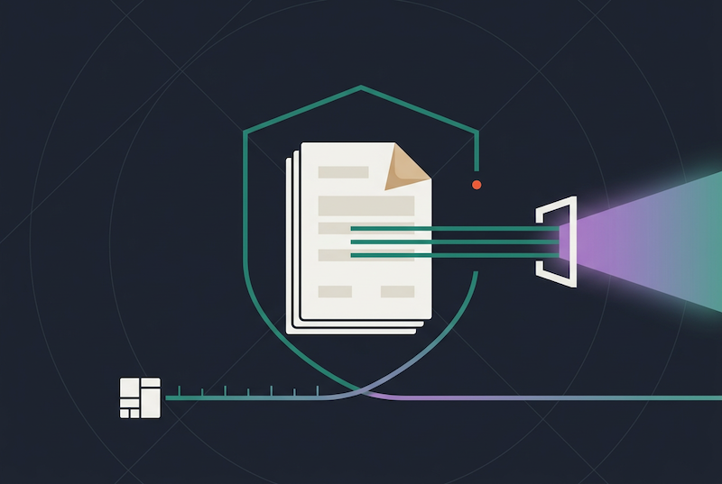 Illustration of a stack of papers inside a shield, with colored lines passing through a rectangular portal, symbolizing secure data transfer or protection of digital documents—ideal for themes related to AI adoption in corporate legal environments.