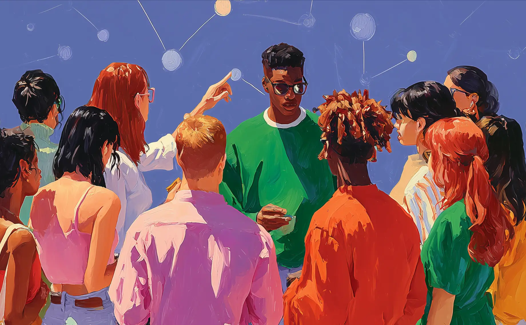 A diverse group of people stands in a circle, engaged in discussion, with a blue background featuring interconnected dots and lines that suggest networking or collaboration—highlighting procurement AI effective use cases being shared among professionals.