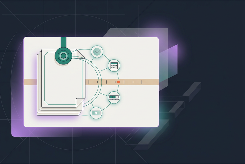 Stacked documents are connected by a green circular device, with icons for calendar, checkmark, and envelope surrounding them. The background is dark with geometric shapes and a brown line runs horizontally through the image.