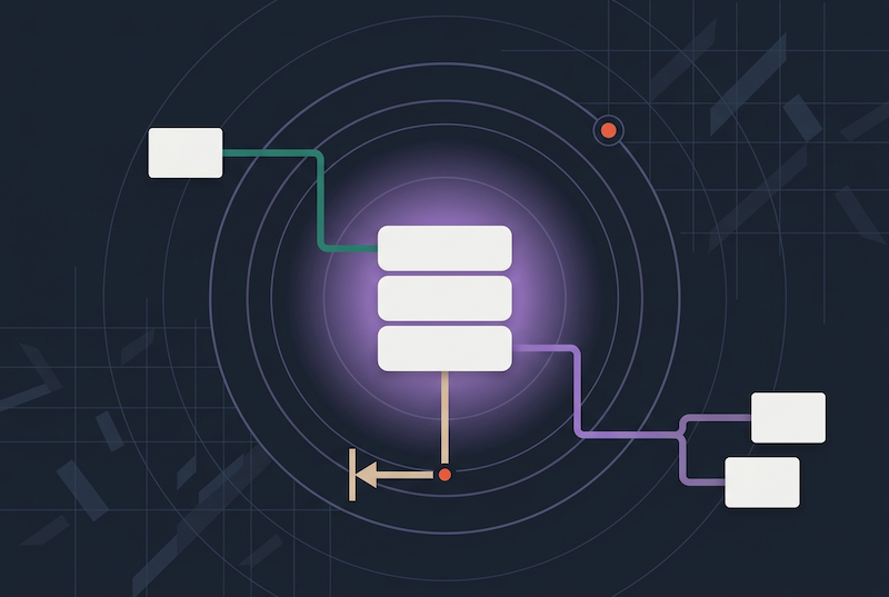 Abstract illustration of a central glowing database icon connected by colored lines to four rectangular nodes, set against a dark background with circular and geometric patterns—visually representing the streamlined organization of contract playbooks.