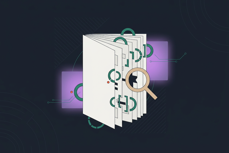 An illustration of an open folder with insurance policy contracts and documents, a magnifying glass highlighting a star, green circles, and purple tech-themed icons on a dark background.