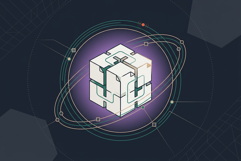 A glowing geometric cube with interlocking pieces, symbolizing the seamless integration of contract management software, is centered against a dark background, surrounded by orbit-like rings and abstract digital lines and nodes.