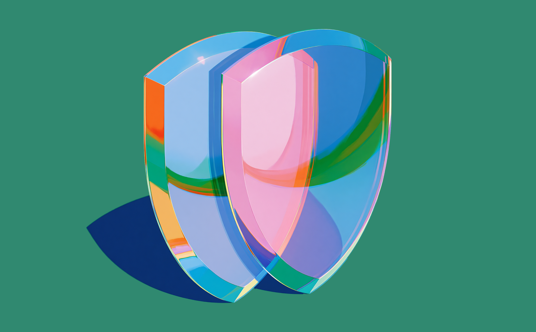 Two transparent, overlapping shields made of colorful glass stand on a green background, casting blue and multicolored shadows—an abstract representation reminiscent of a mutual NDA playbook example, where clarity and protection coexist seamlessly.