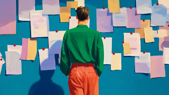 A person in a green shirt and red pants stands facing a blue wall covered with various papers and sticky notes pinned up.