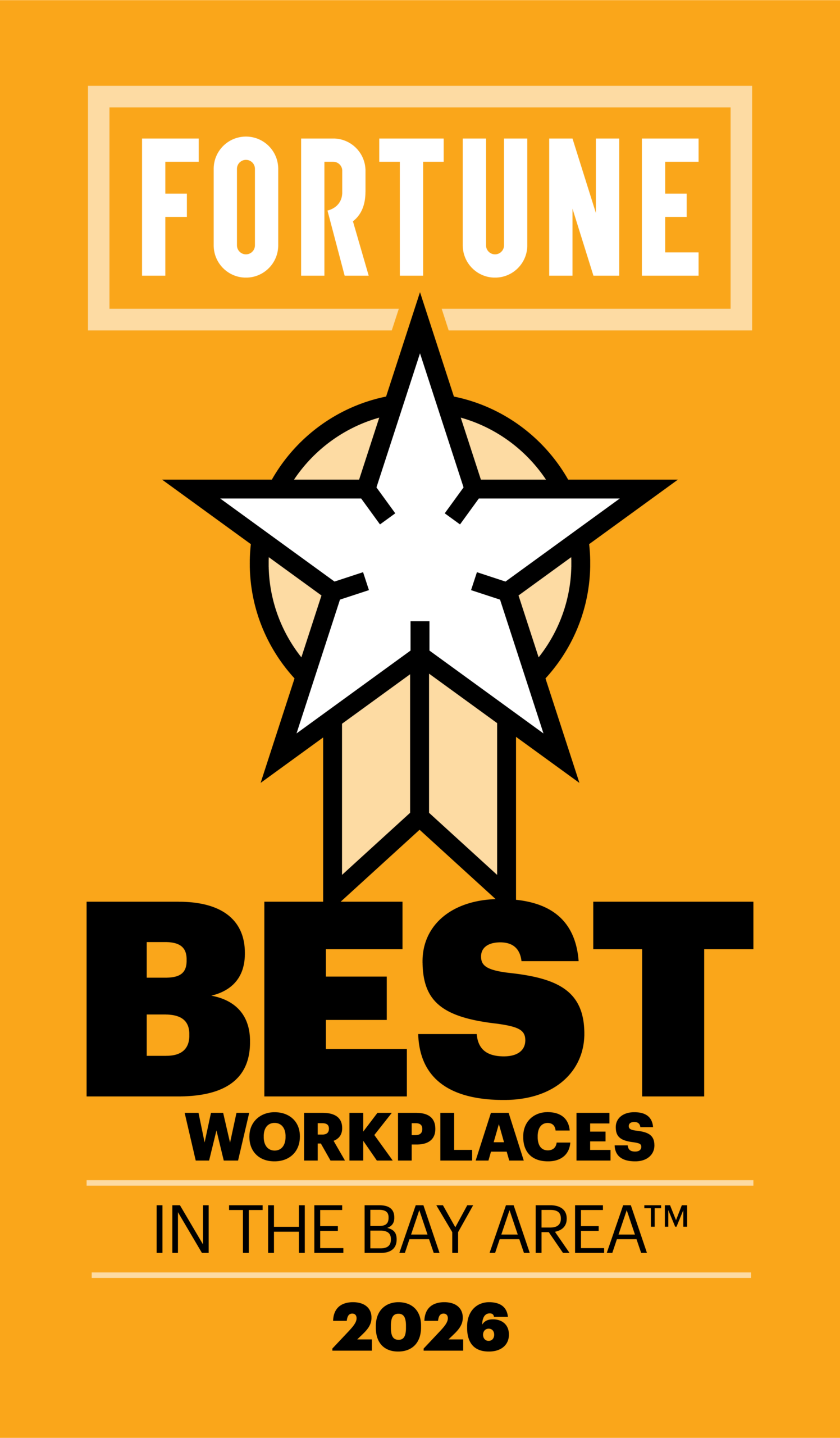 Logo with a star and ribbon, FORTUNE Best Workplaces in the Bay Area 2026 on an orange background.
