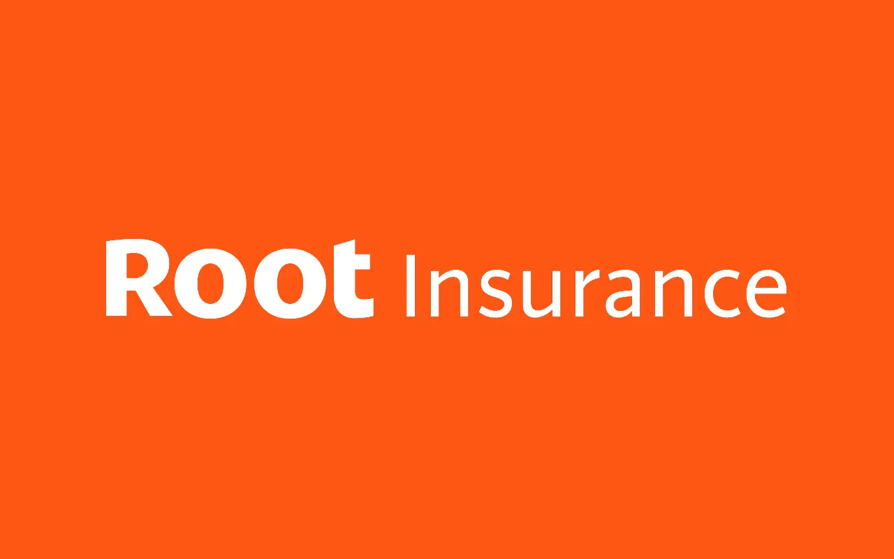 White text on an orange background reads root insurance, with “Root” in bold font and “Insurance” in a regular font style, clearly showcasing the Root Insurance brand identity.