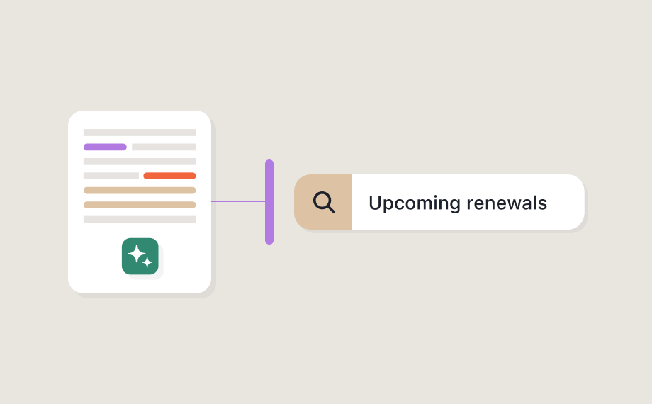 Illustration of a document linked to a search bar with a magnifying glass icon and the text Upcoming renewals inside it, symbolizing procurement confidence in managing future contracts.