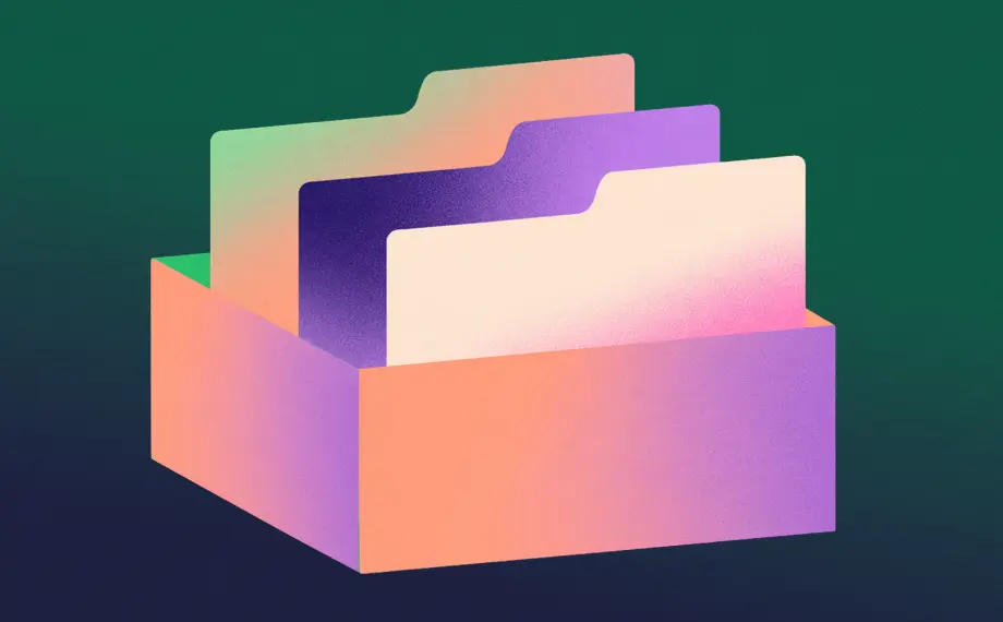 Three gradient-colored contract data governance folders standing upright in an open storage box.