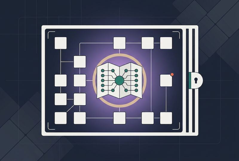 Stylized illustration of a digital lock with a circuit diagram, keyhole, and interconnected nodes, representing cybersecurity, encrypted data protection, and contract data governance on a dark background.